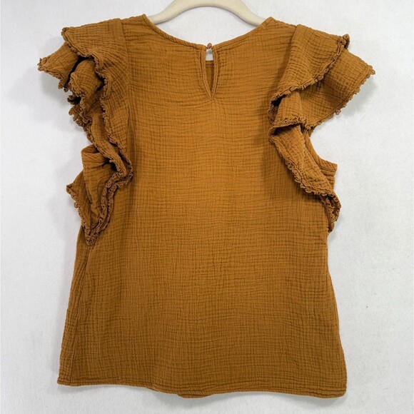 Sezane Top Women 34/US 2 Cafe Brown Ester Ruffle Sleeve 100% Cotton Gauze Boho - Picture 2 of 10